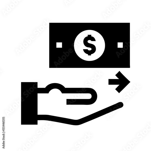 Black icon showing a hand with an arrow and dollar bill, symbolizing a money request, payment demand, or financial transaction action.
