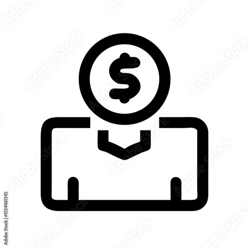 Black outline icon of a person with a dollar sign as a head, representing salary, income, payroll, or employee compensation.

