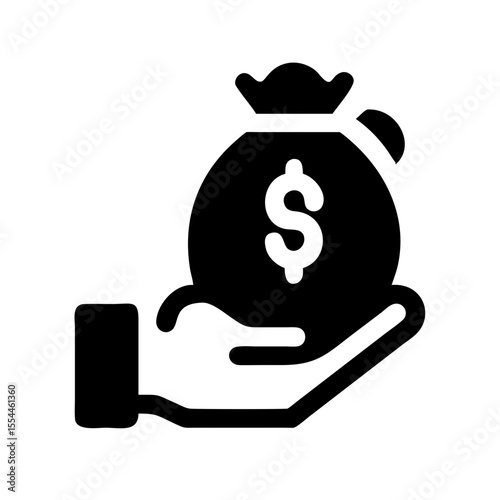 Black icon of a hand holding a money bag with a dollar sign, symbolizing savings, wealth management, or financial support and income.
