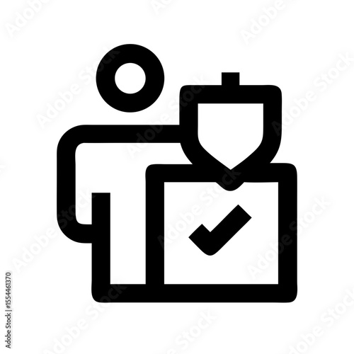 Black outline icon showing a person with a shield and checkmark, symbolizing identity verification, access control, or cybersecurity clearance.
