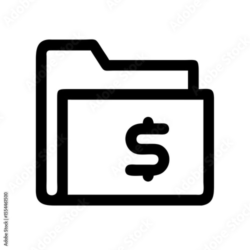 Black line icon of a folder featuring a dollar sign, representing financial documents, budget planning, or accounting records.
