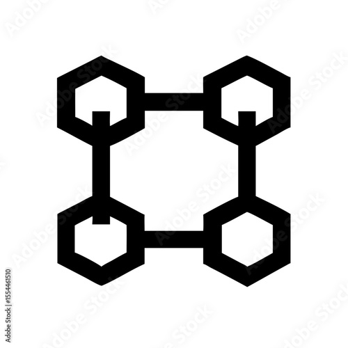 Minimal black icon showing four connected hexagons, representing a blockchain network, data links, decentralization, or digital security.
