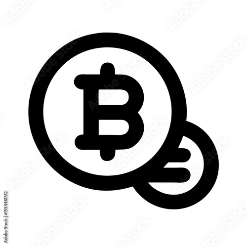 Bold black icon showing two stacked coins with the Bitcoin symbol, representing digital currency, blockchain, or crypto finance.
