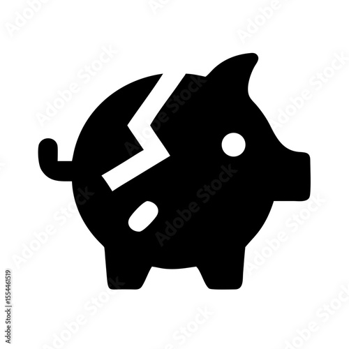 Black silhouette icon of a piggy bank with a bold crack, symbolizing financial hardship, savings loss, or economic downturn.
