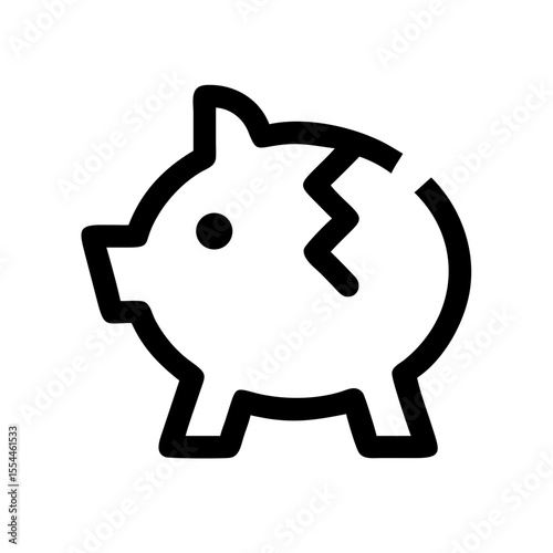 Minimalist black icon of a cracked piggy bank, symbolizing financial loss, bankruptcy, savings depletion, or economic crisis.
