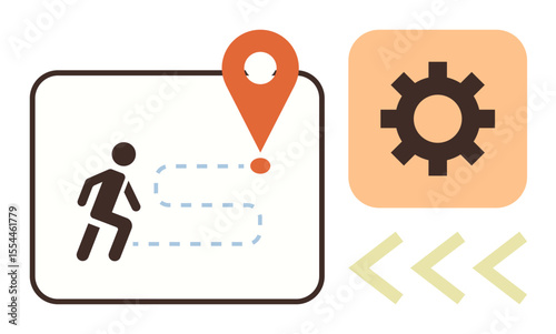 Stick figure following a curved path leading to a geolocation pin, beside a gear symbol. Ideal for planning, workflow, navigation, goals, direction, optimization strategy. Simple flat metaphor