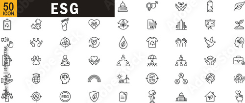 ESG editable outline icon set. Sustainability, environment, social responsibility, governance, equity, energy, recycling.
