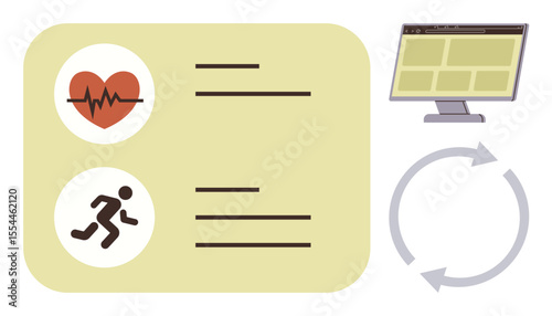 Heartbeat and running icons represent fitness metrics, accompanied by a computer screen and refresh arrows. Ideal for health apps, fitness services, technology, data flow, user interface, progress