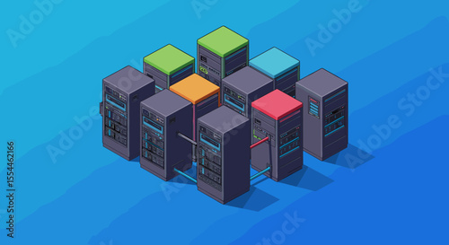 Isometric data center concept for technology poster: vector illustration in colorful style