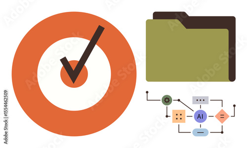 Circle with checkmark indicating success, green folder representing data storage, AI diagram showcasing process flow. Ideal for success, organization, strategy, technology, workflow, analysis