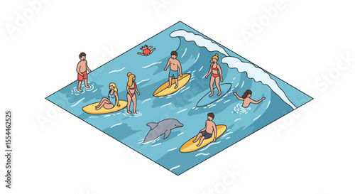 Isometric beach fun vector illustration: surfing scene for summer design