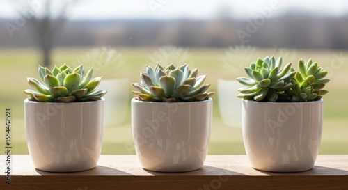 Three Succulents in White Pots on a Shelf with Blurred Background