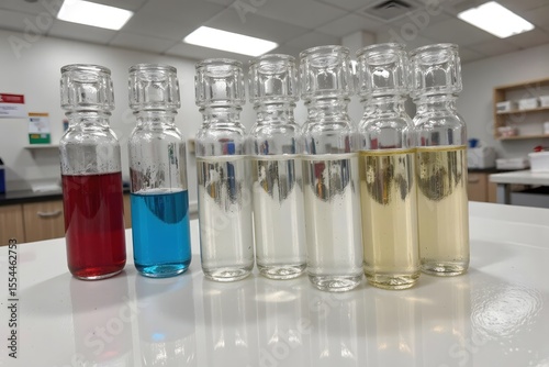Neatly Arranged Glass Vials and Test Tubes with Various Liquids in a Sterile Medical Laboratory, Medical Science and Diagnostics