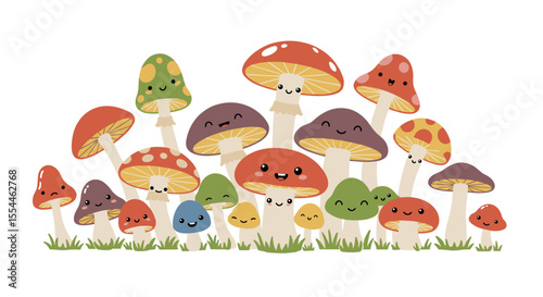 Cute mushroom vector illustration: whimsical forest scene, perfect for children's posters and cards, in a flat style