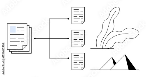 Stack of documents branching into multiple pages, abstract plant, and pyramid shapes. Ideal for organization, workflow, hierarchy, distribution, data management, process simple flat metaphor