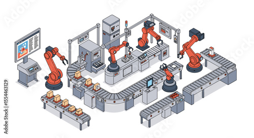 Isometric factory automation vector illustration: robotics in modern manufacturing for technology design