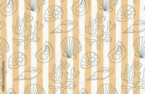 Seamless pattern with seashells, corals and stripes. Summer background with doodle elements	