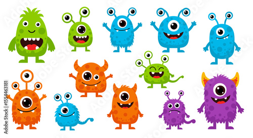 Cute cartoon monsters vector illustration for kids' party design in flat style