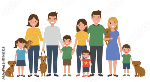Happy family gathering with dogs vector illustration for poster design in flat style