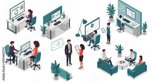 Modern office workspace vector illustration: collaborative design for posters and presentations in isometric flat style