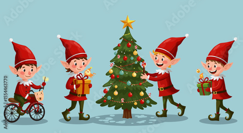 Christmas elves decorating tree vector illustration for holiday card design in flat style