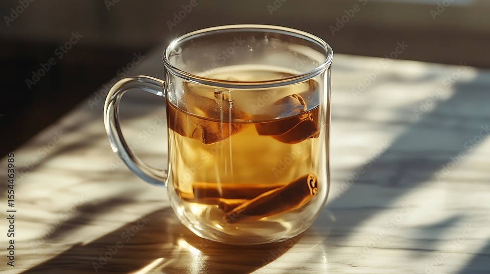 Spicy warming tea with milk in a glass cup with cinnamon Spicy warming tea with milk in a glass cup with cinnamon