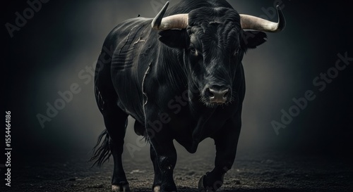 Powerful Black Bull Charges Forward with Intense Gaze
