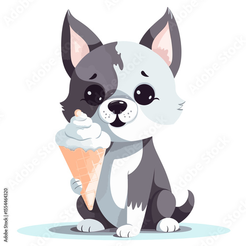 Cute vector cartoon puppy happily holding an ice cream cone on a transparent background
