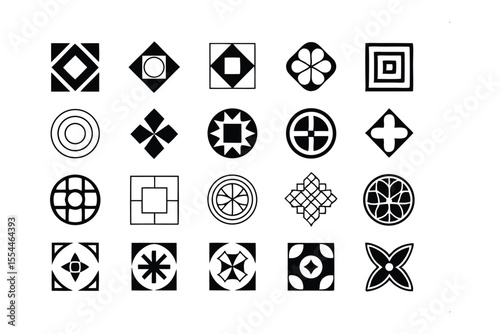 Geometric Patterns: An array of intricate, two-dimensional black and white geometric shapes, each meticulously designed and arranged in a visually pleasing grid.