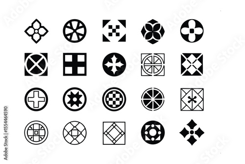 Geometric Symbol Set: A visually striking collection of diverse, minimalist geometric shapes and symbols, each uniquely designed, offering versatile applications in design and visual communication.