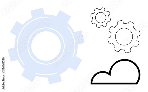 Large translucent gear, two smaller outlined gears, and a cloud icon symbolizing innovation, technology, and teamwork. Ideal for technology, cloud computing, collaboration, automation innovation