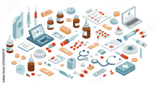 Medical supplies and healthcare devices vector illustration: isometric design for posters and educational materials