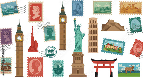 Travel landmarks and postage vector illustration for postcard design