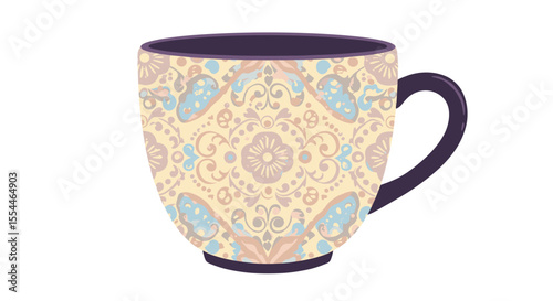 Ornate ceramic mug vector illustration for kitchen decor and design in a modern flat style