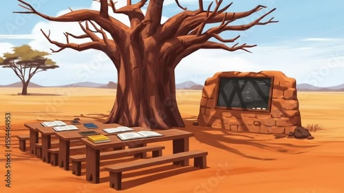 African Savanna Classroom Educational Illustration of Outdoor Learning Under Baobab Tree