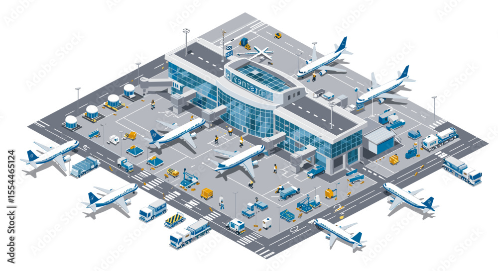 Obraz premium Isometric airport vector illustration: busy terminal scene for travel poster or logistics design