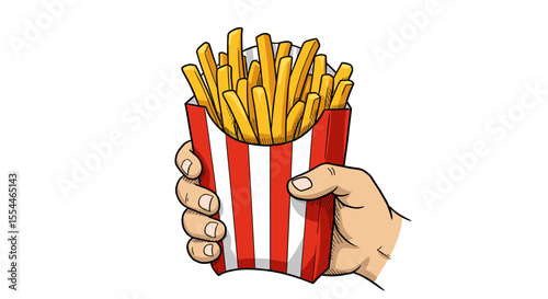 Hand holding french fries carton vector illustration in pop art style for fast food designs