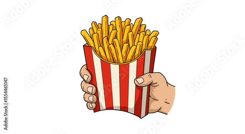 Pop art concept of french fries in hands vector illustration for food poster design