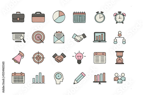 Business Icon Assortment: A visually appealing collection of business-related icons, offering versatility for design and presentation needs.