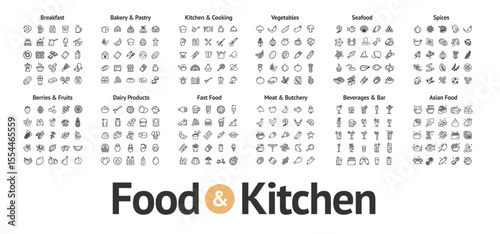 Food and Kitchen Sign Black Thin Line Icon Set Include of Bakery, Pastry, Vegetable, Seafood, Spice and Fruit. Vector illustration of Icons