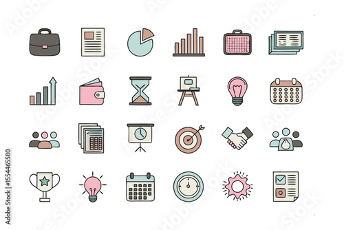 Business Icons in a Array: This collection of colorful business icons captures the essence of business operations in a visually appealing array. 