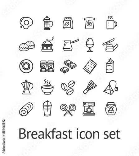 Breakfast Sign Black Thin Line Icon Set Include of Coffee, Tea, Oatmeal and Fried Egg. Vector illustration of Icons