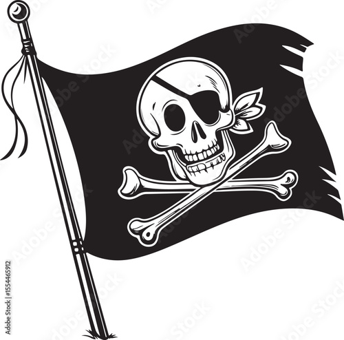 Jolly Roger Pirate Flag with eye patch and crossbones Vector Illustration, Sketch Drawing Line Linear Symbol Icon Engraving Coloring Book, Hand-drawn Black and White Isolated