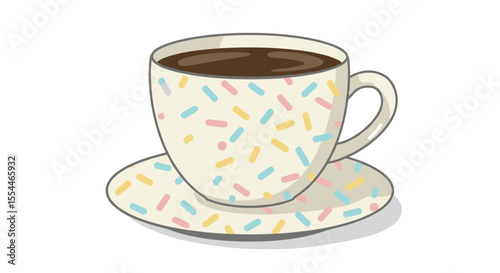 Coffee cup vector illustration: sprinkles design for cafe poster, flat style