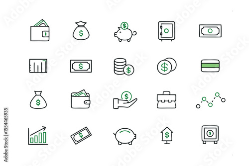 Money and Finance Icons: A concise collection of modern, vector-based icons. featuring wallet, money bag, piggy bank, safe box, and coin. It's perfect for conveying concepts related to saving.