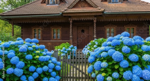 Beautiful rustic wooden house adorned with abundant blue hydrangeas