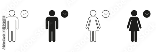 Male And Female Approval Icons Set. Gender Representation With Check Mark Symbolizing Acceptance And Verification. Outline And Solid Silhouette Collection. Isolated Vector Illustration