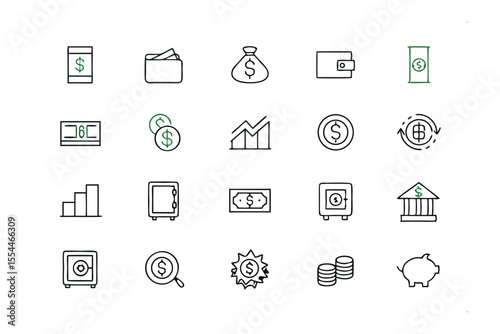 Financial Icon Set: A comprehensive set of financial icons with various elements representing financial concepts, perfect for financial services, applications, and presentations. 