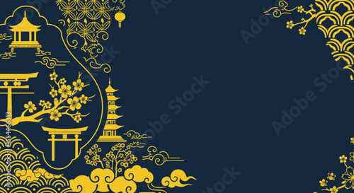 Japanese cultural vector illustration: golden traditional elements for design