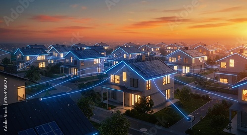 evening in the city, A futuristic smart home with glowing solar panels connected to a digital energy grid